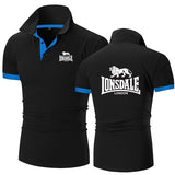 Polo Lonsdale noir à liserés bleu roi, petit logo poitrine et grand lion LONSDALE LONDON au dos