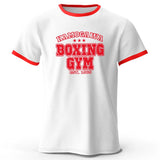 T-shirt ringer Kamogawa Boxing Gym blanc et rouge, lettrage collège rouge