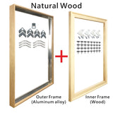 Cadre aluminium pour toile, huit finitions brossees et aspect bois, vue d'ensemble