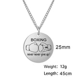 Dimensions du médaillon boxe : 25 mm de diamètre, 12 g, chaîne de 45 cm