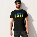 T-shirt de boxe noir Usyk, lettrage rempli du drapeau ukrainien bleu et jaune