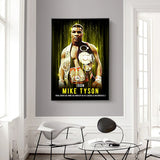 Tableau palmares Mike Tyson, portrait avec ceintures sur rayons dores, vue rapprochee de la toile