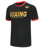 T-shirt boxe ringer noir, lettrage BOXING doré et col et bords de manches rouges