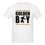 T-shirt Golden Boy Promotions blanc, lettrage noir et or avec boxeur dans l'anneau