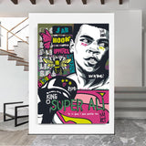 Tableau Super Ali, portrait entoure de cartouches jab hook uppercut, abeille et papillon