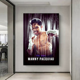 Tableau Manny Pacquiao poing tendu, fond violet strie de traits lumineux