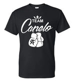 T-shirt Team Canelo noir, couronne, lettrage manuscrit et gants de boxe suspendus au monogramme CA