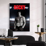 Tableau Rocky Balboa debout dans le ring, ceinture de champion a la taille, vue rapprochee de la toile