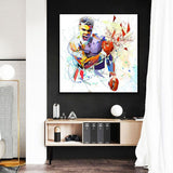 Tableau Mohamed Ali abstrait, facettes de couleur sur fond blanc, vue rapprochee de la toile