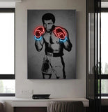 Tableau Mohamed Ali noir et blanc avec gants en effet neon rouge