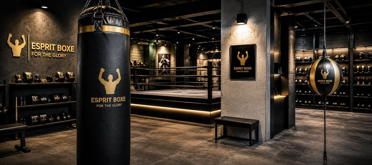 Showroom Esprit Boxe : sac de frappe suspendu, ring de boxe et speed ball