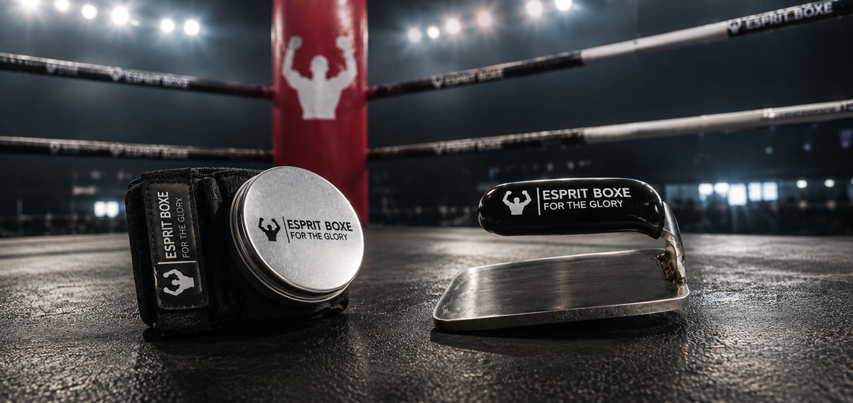 Collection matériel de cutman Esprit Boxe : bracelet noir à boîte à vaseline ronde en inox et fer médical en acier inoxydable à poignée noire, posés sur le tapis d'un ring aux cordes marquées Esprit Boxe