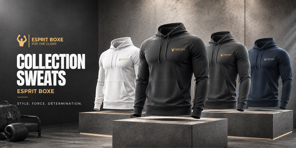Collection sweats de boxe Esprit Boxe : sweats à capuche à logo doré dans une salle de boxe