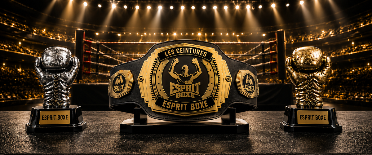 Ceinture de champion et trophees gants de boxe or et argent Esprit Boxe - banniere collection