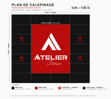 Plan de calepinage de 8 × 7 m, 28 dalles de 200 × 100 cm, zone de combat rouge de 4 × 5 m