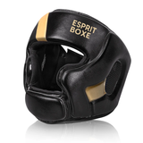 Casque de boxe Esprit Boxe en microfibre noir et or, vue trois quarts, protections pommettes et mentonnière