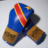 Gants de boxe à lacets Congo en cuir bleu, drapeau RDC avec étoile jaune et bande rouge, étiquette tissée Esprit Boxe old school