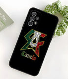 Coque Samsung Galaxy S Canelo Alvarez, monogramme CA rempli de motifs aztèques en vert blanc et rouge, nom Canelo en lettrage gothique dessous