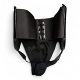 Coquille de boxe pro, face arrière : ceinture large élastique, laçage central réglable et sangle d'entrejambe