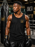 Débardeur de boxe Esprit Boxe noir, petit logo doré sur la poitrine gauche, porté devant un sac de frappe