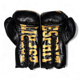 Gants de compétition Esprit Boxe à lacets, la paire noir et or en cuir véritable