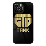 Coque iPhone Gervonta Tank Davis, monogramme GTD doré en bouclier et mention TANK sur dos en verre trempé noir