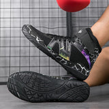 Chaussure de boxe motif galaxie argent, semelle noire à chevrons