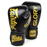 Gants de boxe Fairtex Glory noir et or, logo doré