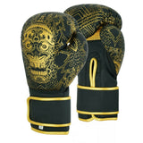 Gants de boxe Crâne Mexicain noir et or, calavera dorée sur le dos