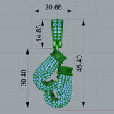 Plan coté du pendentif gants de boxe : 45,40 mm de haut, 20,66 mm de large, bélière 14,85 mm