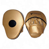 Pattes d'ours Gold Edition en cuir véritable doré, face de frappe avec cible ronde noire centrale et face intérieure avec passants doigts