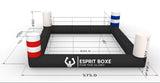 Plan coté du ring gonflable format L : 575 × 575 cm extérieur, aire de combat 400 × 400 cm, tablier 65 cm, totems 170 cm
