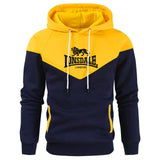 Sweat à capuche Lonsdale bicolore bleu marine et jaune, logo au lion sur la poitrine