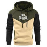 Sweat à capuche Lonsdale bicolore beige et vert militaire, logo au lion sur la poitrine