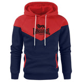 Sweat à capuche Lonsdale bicolore bleu marine et rouge, capuche rouge, logo au lion sur la poitrine