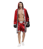 Ensemble de boxeur satin rouge : peignoir long à capuche et short à ceinture argentée