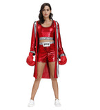 Ensemble de boxeuse satin rouge : peignoir à capuche, brassière et short à ceinture argentée