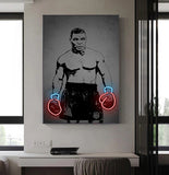 Tableau Mike Tyson en buste, deux gants en neon rouge a poignets turquoise
