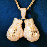 Pendentif gants de boxe dollar finition or jaune, symbole dollar en relief poli sur chaque gant