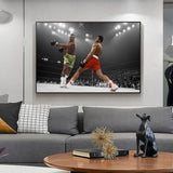 Tableau Ali vs Joe Frazier, photo noir et blanc a rehauts rouge et vert