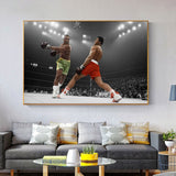Tableau Ali vs Joe Frazier, photo noir et blanc a rehauts rouge et vert, vue rapprochee de la toile