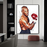 Tableau Mike Tyson bras leve, gant rouge Everlast, eclaboussures sur fond blanc