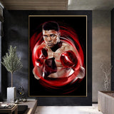 Tableau Mohamed Ali en garde dans un tourbillon rouge sur fond noir