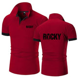 Polo de boxe uni au style Rocky Balboa, liseré contrasté et marquage ROCKY dans le dos