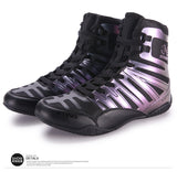 Chaussures de boxe Sting Viper noir et violet irisé, paire de face