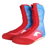 Bottes de boxe en dégradé rouge et bleu, semelle gomme caramel