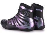 Chaussures de boxe Sting Viper noir et violet, vue avant et arrière
