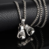 Collier gants de boxe en acier inoxydable poli, paire de gants et chaîne maille franco