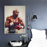 Tableau Floyd Mayweather en eclaboussures sur fond blanc casse, vue rapprochee de la toile