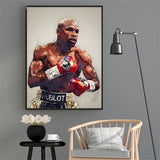 Tableau Floyd Mayweather en eclaboussures sur fond blanc casse, affiche dans un salon